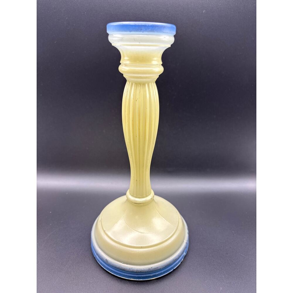 Vintage Indiana Glass Blue and Cream Candleholder Ribbed Depression Era Decor
